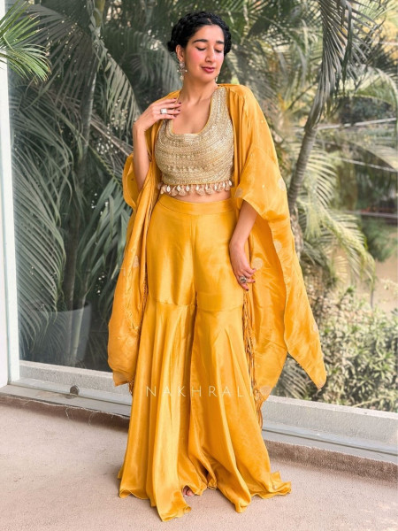 Solene Yellow Crop Top Palazzo Set with Embellished Shrug