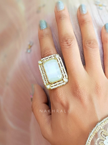 Ethereal Glow Rectangle Cocktail Ring with White Stone & CZ Accents