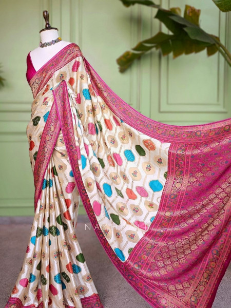 Tarang-Rang Cream Banarasi Silk Saree Patola Zari Weaving