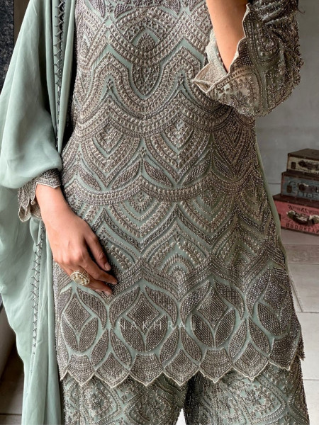 Nayra Sea Green Suit Set with Cut Dana & Bead Work