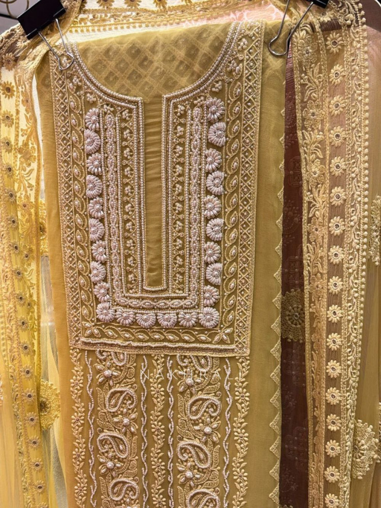 Image of Avarna Yellow Pearl Beads Embroidered Dress Material