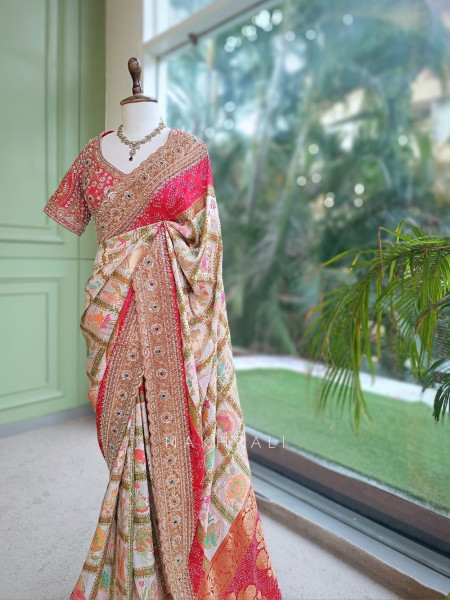 Vasantha Patola Fusion Red Saree with Readymade Blouse