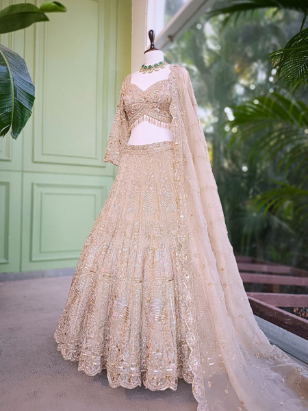 Kavros Beige Lehenga Set with Cut Dana & Sequin Work