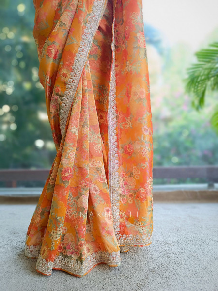 Ishaya Orange Floral Saree with Embellished Border