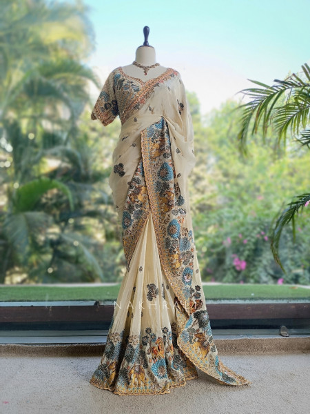Shikargarh Cream Satin Crepe Designer Saree with Readymade Blouse