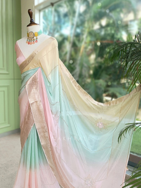 Mridurekha Pastel Pink Chinnon Saree with Running Blouse