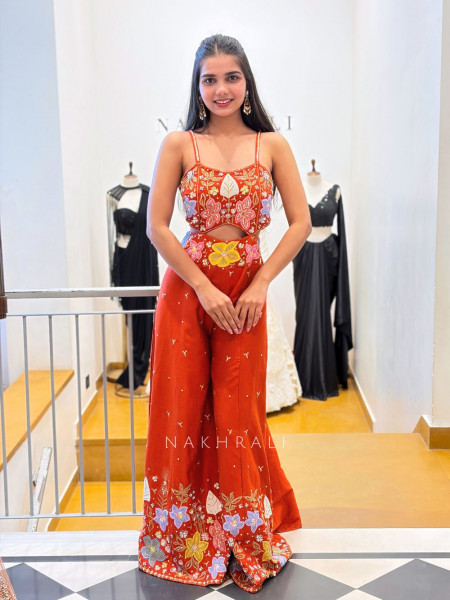 Anika Rust Embellished Jumpsuit with Sequin and Bead Work