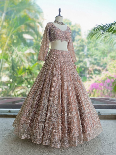 Venoora Peach Bridal Lehenga with Zari and Sequin Work