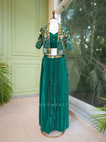 Elysia Green Sequin & Mirror Work Indo-Western Set with Embellished Jacket