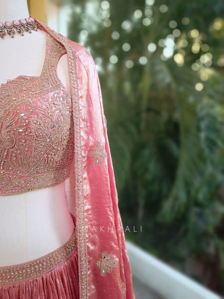 Elysia Peach Tissue Silk Lehenga Set with Embroidered Detailing