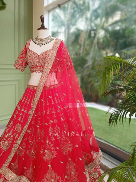 Anvesha Red Bridal Lehenga with Sequin & Zari Detailing