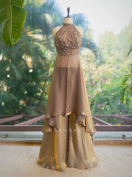 kyara Brown Indo-Western Palazzo Set with Cut Dana Embroidery