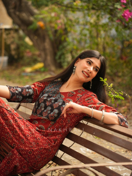 Rozana Red Cotton Pant Kurta Set with Patch Work