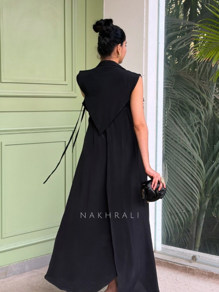 Zyren Black Draped Dress with Jacket-Style Embellished Front