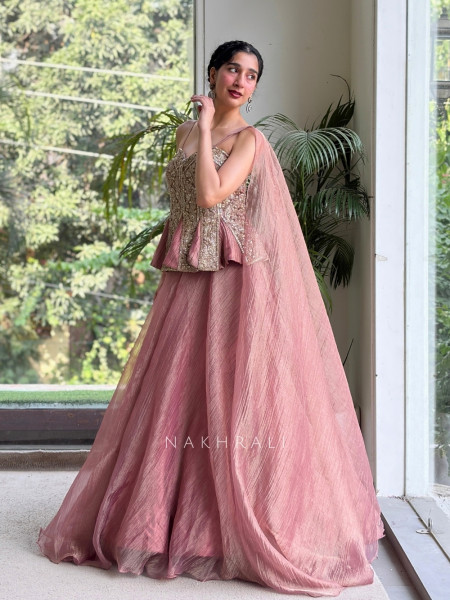 Bespoke Bloom Onion Pink Crushed Shimmer Tissue Fusion Lehenga