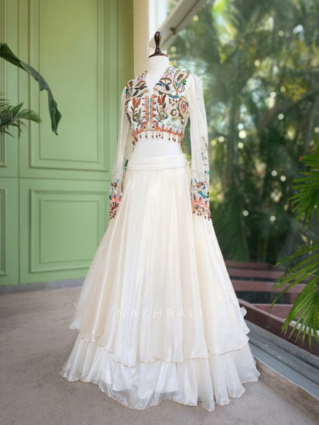 Aveline Ivory Indo Western Lehenga with Multicolor Thread, Sequin and Bead Embroidery
