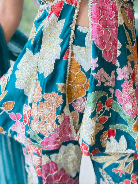 Firdaus Halter Teal Blue Indo Western Palazzo Suit Set With Floral Embroidery