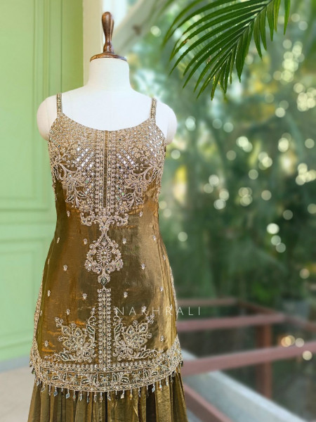 Torin Brown Silk Palazzo Suit Set with Mirror Embroidered Kurti