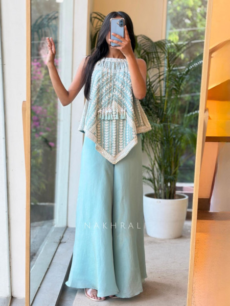 Citrine Firozi Indo Western Palazzo Set with Bead Work & Tassel Neck Detail