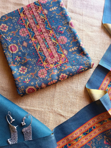 Heritage Blue Woolen Printed Dress Material