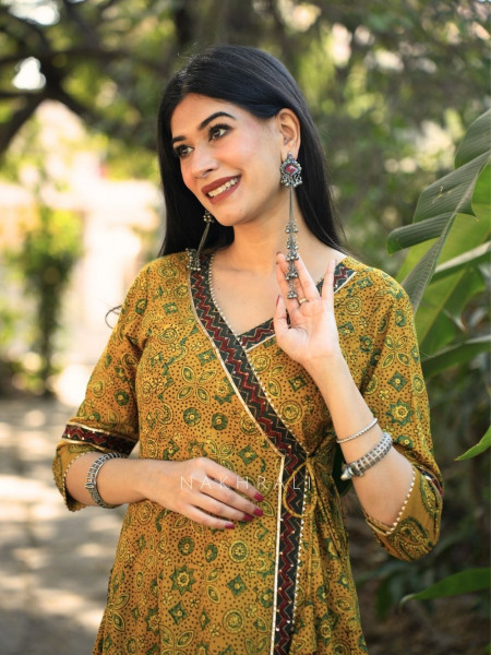 Umrao Mustard Angrakha Cotton Kurta
