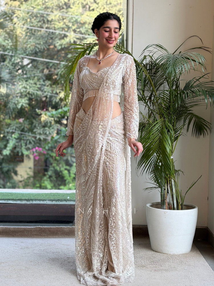 Image of Stardust Nova Off-White Italian Net Pre-Draped Saree with Cutdana