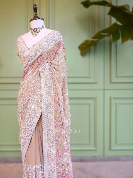 Ecru Grace Brown Embroidered Elegance Saree with Sequin Detailing