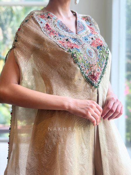 Ruhira Beige Kaftan Set with Multicolor Embroidered Yoke