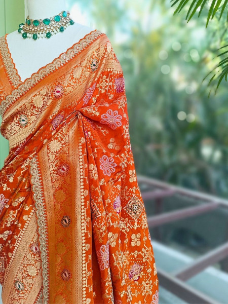 Anant Bindu Orange Bandhani Print Saree with Sequin Border