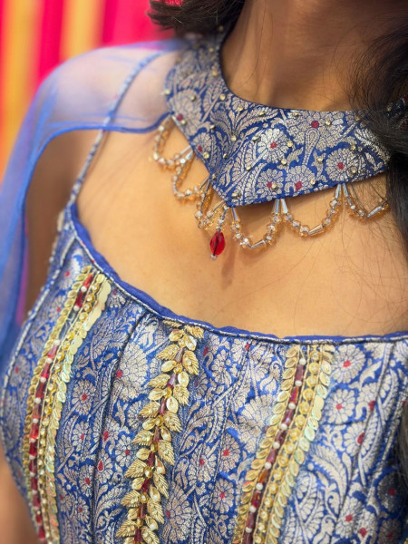 Zarelle Blue Brocade Indo-Western Corset Set with Cape Dupatta