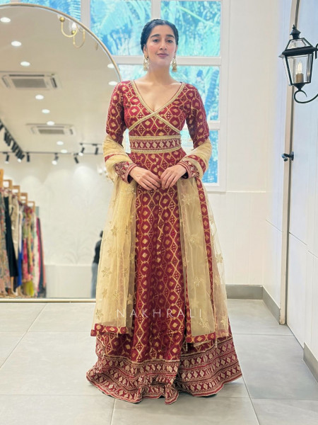 Ruhaniyat Flared Deep Red – Net Dupatta Anarkali Suit Set