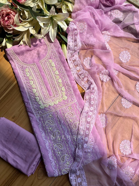 Avarna Lavender Pearl Beads Embroidered Dress Material