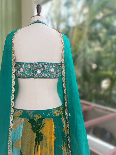 Harit Multicolour Indo Western Lehenga Set with Embroidered Blouse & Printed Skirt