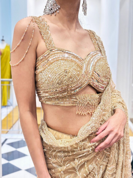Radiant Charm Golden Net Saree with Sequin & Cut Dana Work