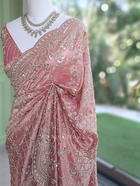 Celestine Pink  Tissue Silk Saree with Running Blouse Piece