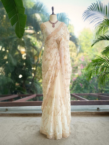 Rimsun Cream Sequin & Bead Embellished Saree