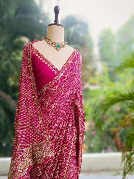 Aarvika Pink Bandhani Saree with Gota and Zari Border
