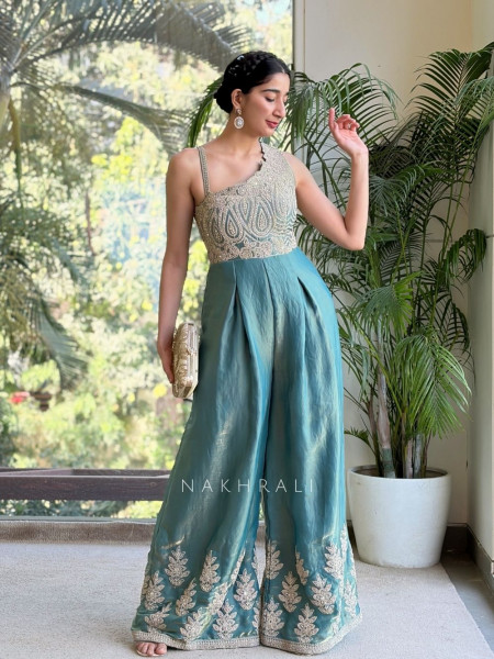 Riyansh Green Embroidered Jumpsuit with Mirror and Stone Work