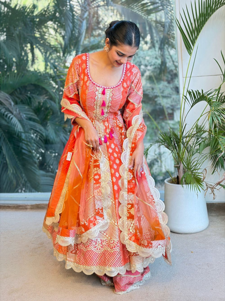Image of Leela Orange Anarkali Suit Set with Gota &amp; Mirror Work
