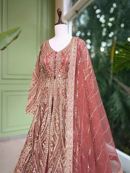 Blush Bloom Pink Achkan Pattern Lehenga with Zari Sequin Work