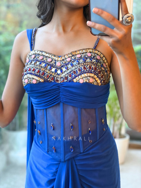 Elektra Blue Draped Illusion Crop Top skirt