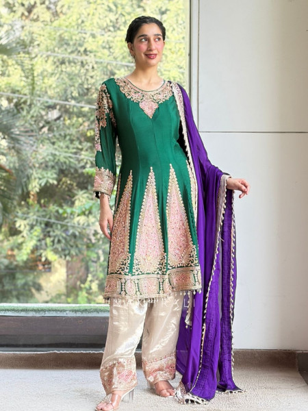 Pravika Emerald Green Silk Blend Short Anarkali Set
