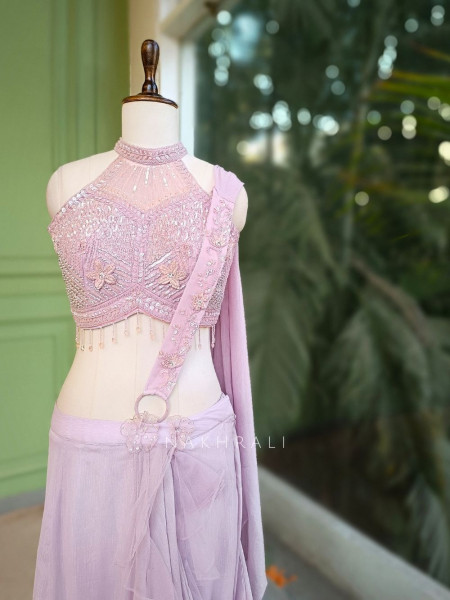 Elira Purple Drape Saree with Embellished Halter Blouse