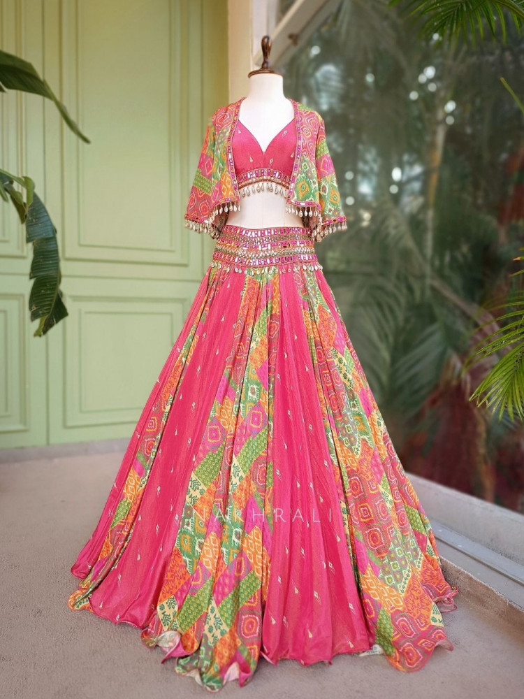 Image of Tarini Multicolor Ikat Lehenga Set with Jacket