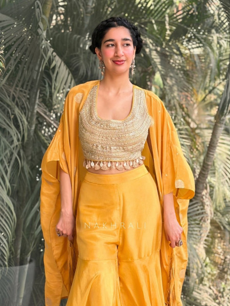 Solene Yellow Crop Top Palazzo Set with Embellished Shrug