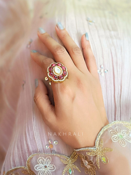 Radiant Ruby Floral Adjustable Ring