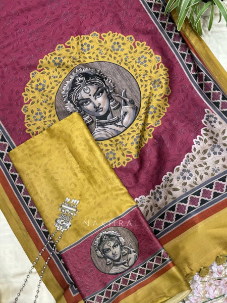 Chitramaya Mustard Modal Silk Kalamkari Dress Material
