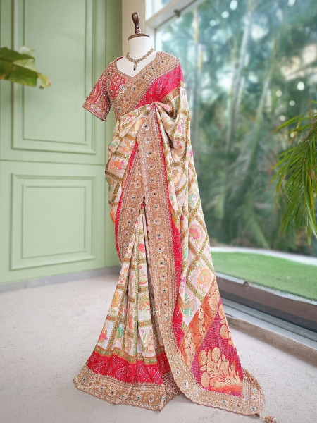 Vasantha Patola Fusion Red Saree with Readymade Blouse
