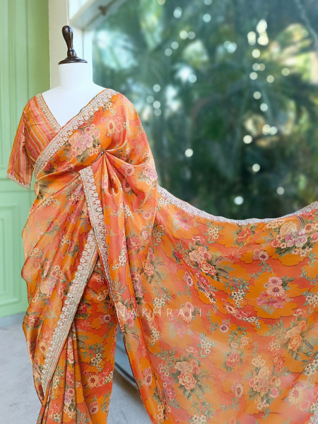 Ishaya Orange Floral Saree with Embellished Border
