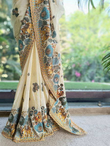 Shikargarh Cream Satin Crepe Designer Saree with Readymade Blouse